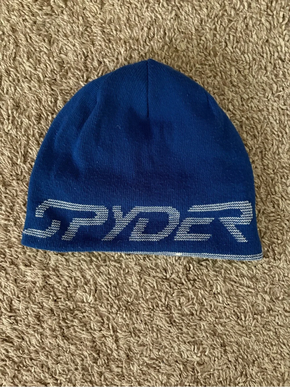 Spyder Blue and White Kids Knit Beanie with Spider Motif